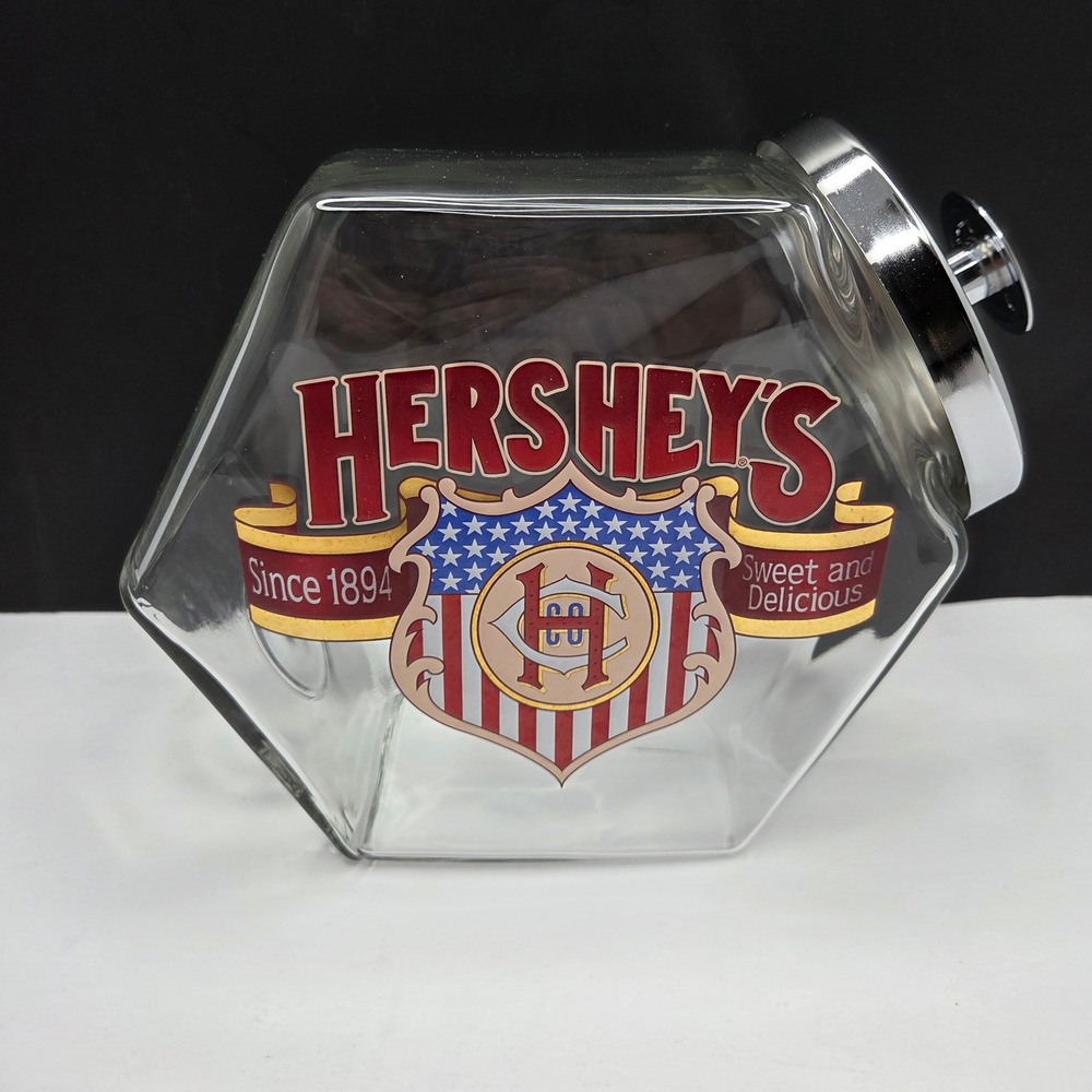 Hershey's Glass Cookie Jar Hexagon Americana Chrome Lid Clear Vintage Style 7"